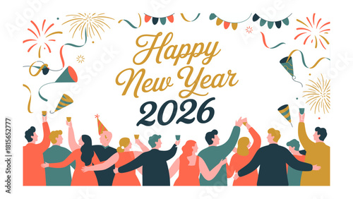 New Year 2026 Celebration: Diverse groups of individuals joyously ushering in the New Year. Celebratory gatherings are marked by confetti, fireworks, and cheerful toasts.
