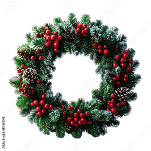 A festive Christmas wreath adorned with red berries and pine cones on a black background.