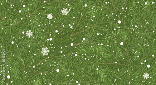 Christmas tree branches with snow falling, creating a festive winter scene.