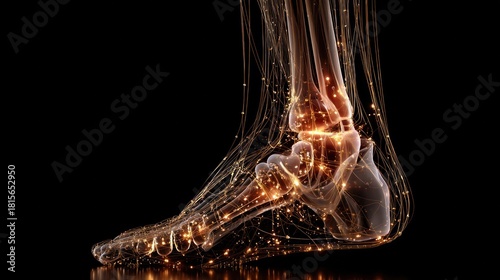Detailed Foot Anatomy: A close-up, medical illustration of the human foot, showcasing the intricate network of bones, tendons, and nerves, highlighted with a glowing effect. 