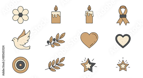 A collection of minimalist memorial and sympathy icons including a dove, candle, and heart.