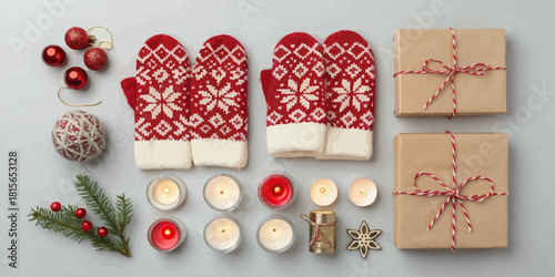 Charming festive arrangement with cozy mittens, glowing candles, and elegantly wrapped gifts for warm holiday cheer