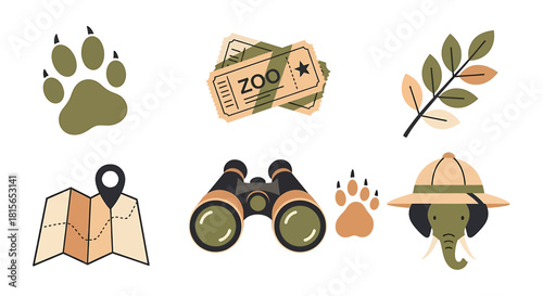 A collection of flat design icons for a zoo or safari adventure, including a map, binoculars, tickets, and animal prints.