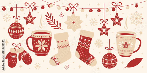 Cozy winter holiday cheer with mugs, ornaments, stockings, and mittens create festive Christmas spirit and warm seasonal greetings