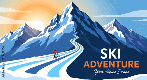 A vibrant illustration showcasing a skier descending a snowy mountain slope with the words 'Ski Adventure' displayed.