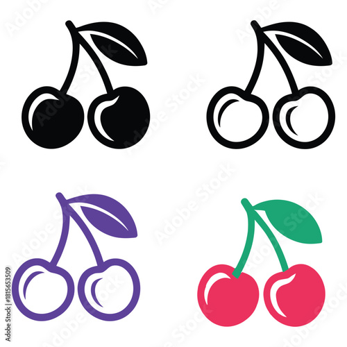 Four distinct cherry icons showcase variety and visual appeal against a clean white backdrop ideal for diverse graphic design projects