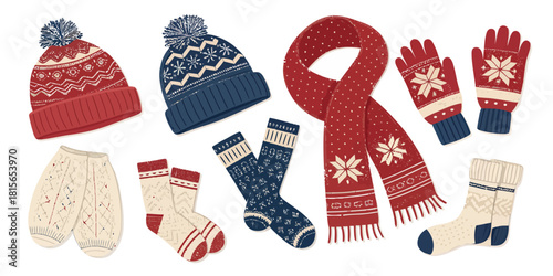 Cozy winter vibes with knitted hats, scarves, mittens, socks for seasonal fashion and warmth, perfect for holiday designs