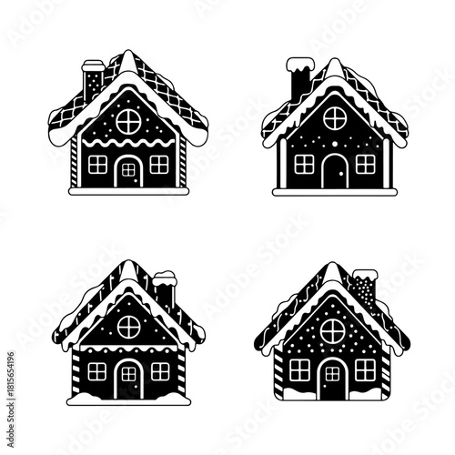 Four black and white gingerbread house illustrations with detailed icing and snow.