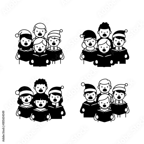 Four groups of singers in Santa hats, singing from books in a choir.