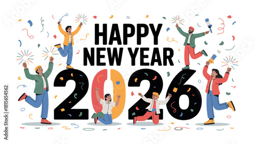 New Year 2026 Celebration: Diverse group of people celebrating new year 2026 with confetti and fireworks. Capturing the spirit of unity and shared celebration.