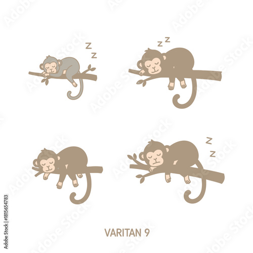 Charming monkey slumber collection depicting peaceful primates napping on branches illustrations