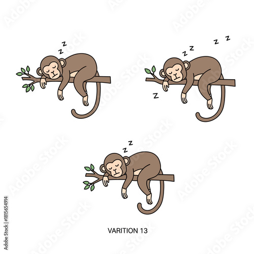 Adorable trio of drowsy monkeys dreaming sweetly nestled on branches in peaceful slumber