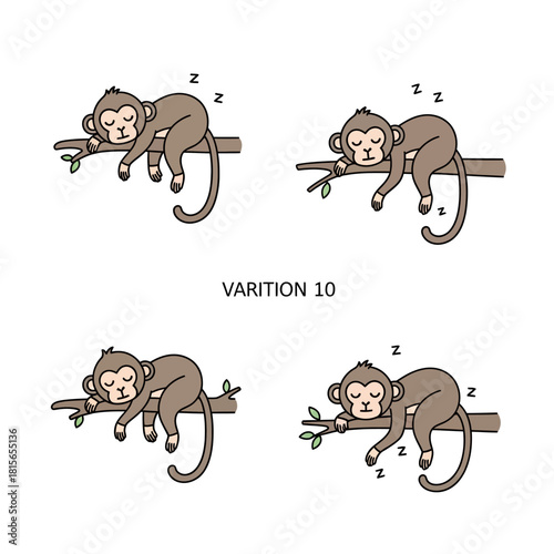 Charming collection of hand-drawn monkeys peacefully slumbering on tree branches expressing
