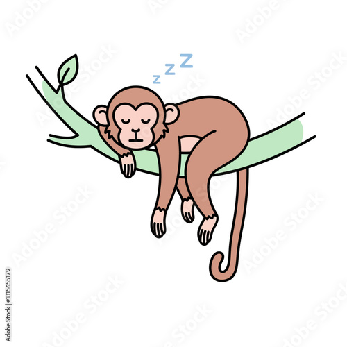Cartoon monkey napping on a branch in a simple illustration style relaxing moment serene scene