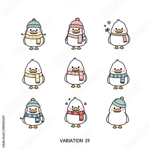 Charming duckling character illustrations adorning winter accessories for adorable designs and