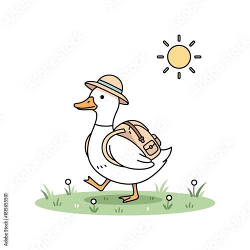 Whimsical duck illustration enjoying a stroll with hat and backpack on a sunny day
