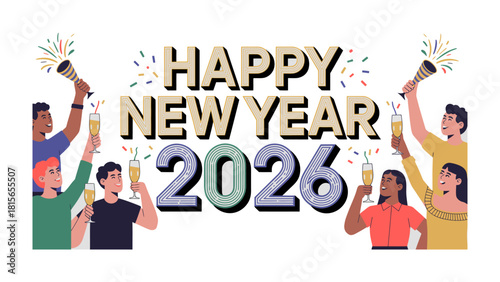 Celebrating New Year 2026: A group of diverse people raise glasses and noisemakers. A festive scene of cheerful faces celebrating the arrival of the New Year, full of hope and joy.