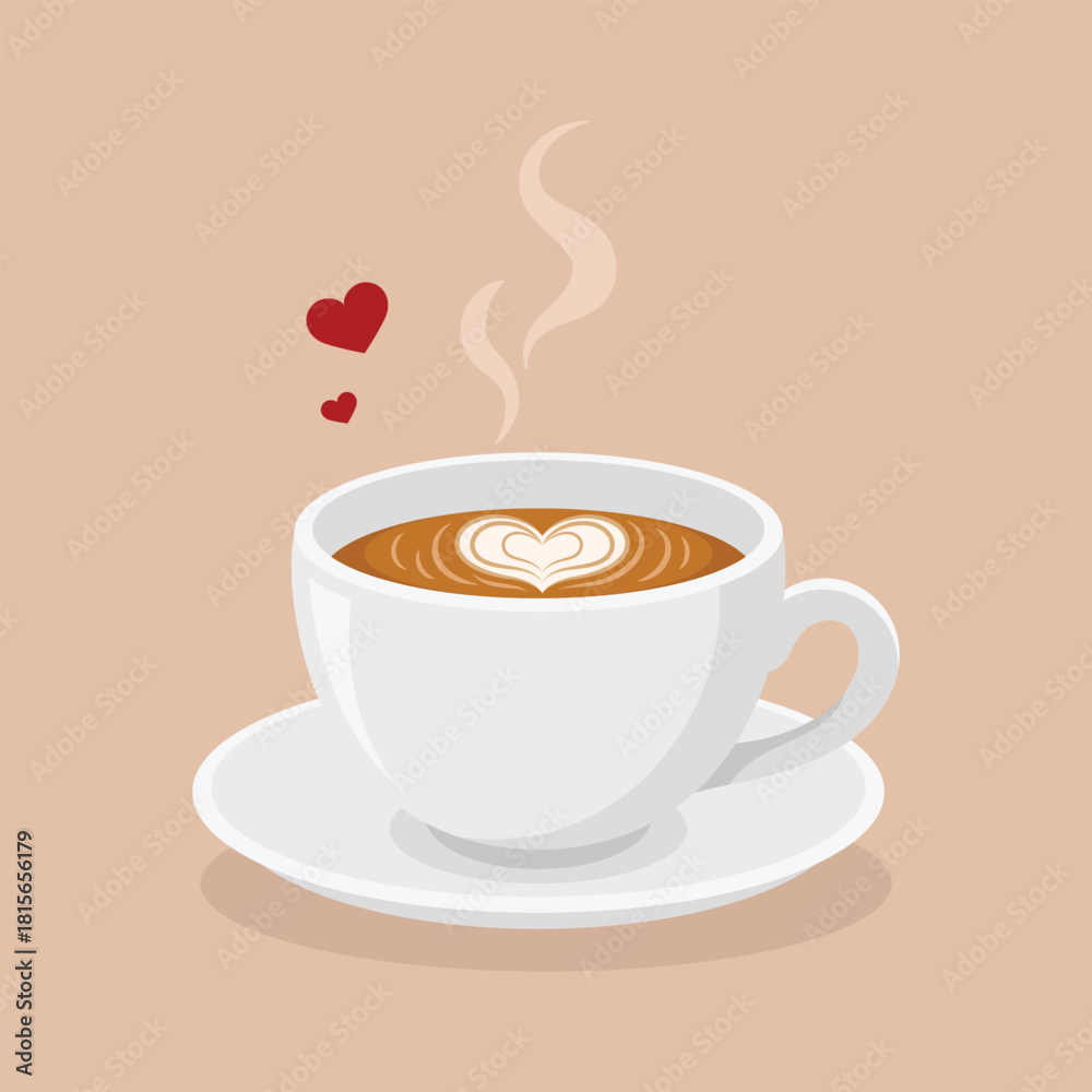Obraz premium Cup of cappuccino with saucer and little hearts. Breakfast drink vector illustration.