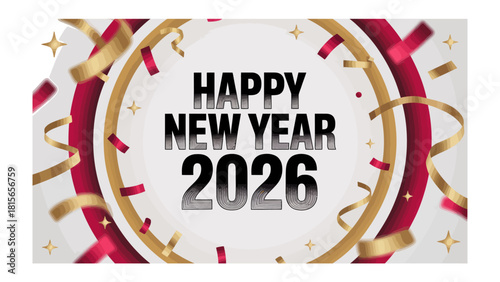New Year Celebration 2026: A vibrant and festive scene greets the New Year, with glittering confetti and celebratory ribbons swirling around a bold Happy New Year 2026 message.