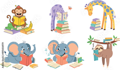Cute reading animals sitting with books in colorful cartoon style, perfect for education materials, children’s learning illustrations, nursery designs, and storytelling