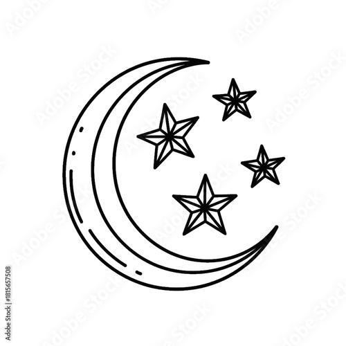 Bold Traditional Tattoo Stencil of Crescent Moon with Three Stylized Stars, Black-Only Linework