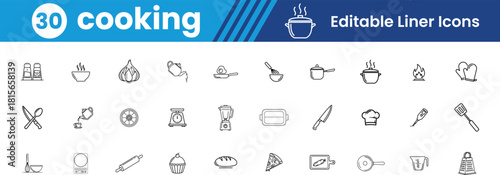Set of 30 cooking icons in editable liner style