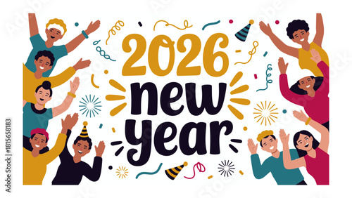 New Year Celebration in 2026: An illustration of a group of diverse individuals joyfully celebrating the upcoming New Year in 2026. This vibrant image captures the spirit of togetherness, optimism.