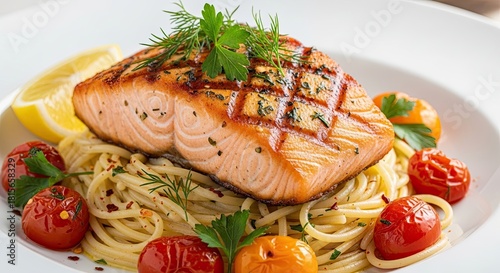 Delicious Grilled Salmon Fillet Served Over A Bed Of Pasta With Cherry Tomatoes And Fresh Herbs