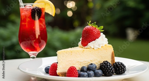 Classic Baked Cheesecake with Fresh Berries and Refreshing Fruit Drink Outside