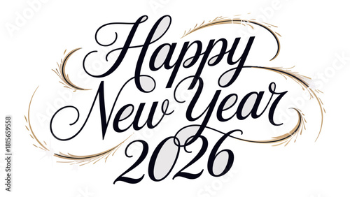 Happy New Year 2026: A Festive design for the new year, Happy New Year 2026 written with cursive style in an elegant design, evoking anticipation and the promise of a fresh start.