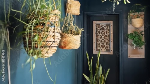 Indoor plants in natural baskets decorating dark blue interior wall
