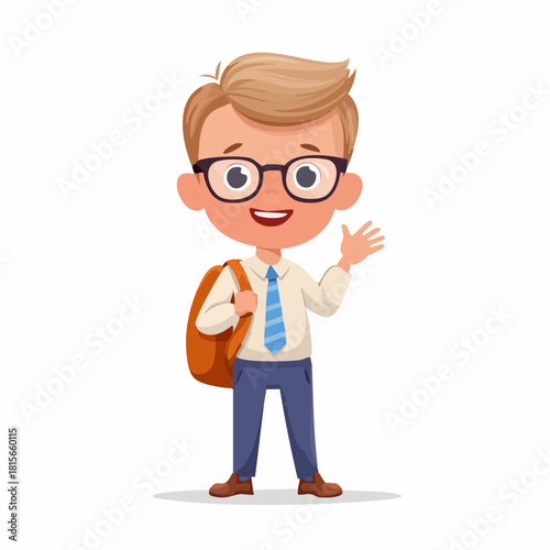 Cartoon Schoolboy with Glasses Backpack Shirt and Tie Waving Hand.