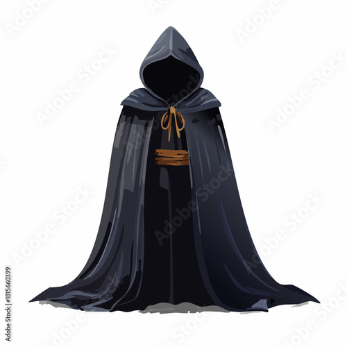 Mysterious hooded figure in a flowing two-tone dark grey and white cloak with a gold knot.