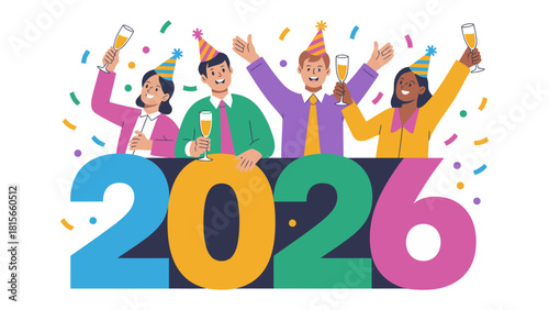 Cheers to 2026: A vibrant and diverse group of individuals toasts the arrival of the New Year, symbolized by the bold and colorful numerals. A visual celebration of optimism, unity.