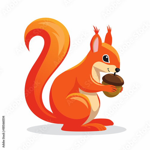 Cartoon Squirrel Holding Acorn Orange Fur Bushy Tail Cute Animal.