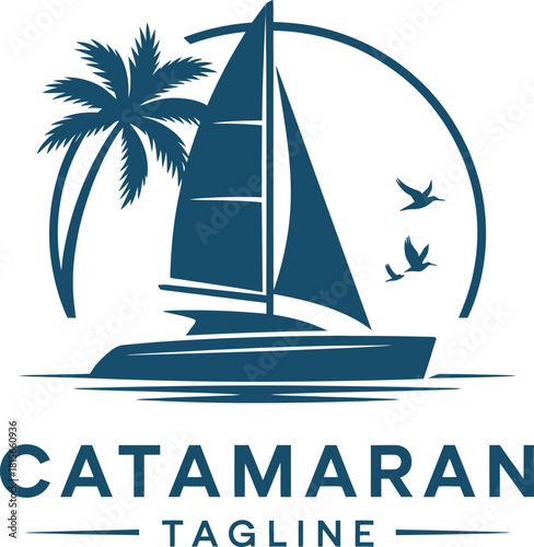 Stylized catamaran with palm tree and birds on tropical water