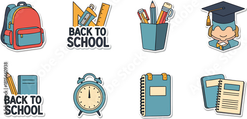 Back to School Education Stickers Set - Supplies and Student Icons