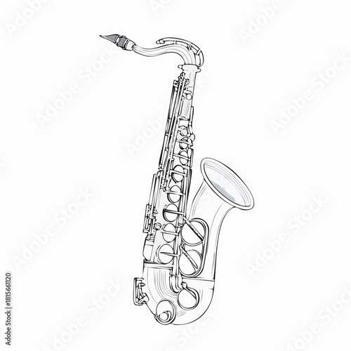 Elegant black and white line art illustration of a classical saxophone musical instrument with detailed keys.