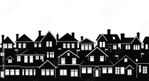 Silhouette seamless border of residential houses, depicting neighborhood, real estate, suburban life, architecture, community, housing development, and town village banner design.