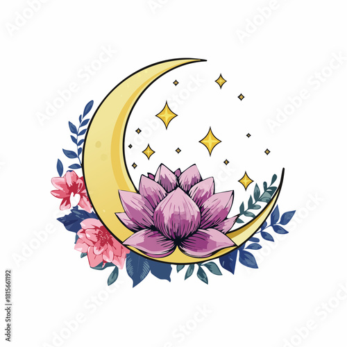 Elegant Crescent Moon with a Blooming Purple Lotus Pink Flowers and Twinkling Stars.