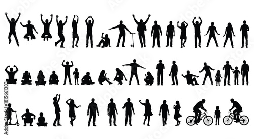 Silhouettes of diverse active people, children, and adults jumping, sitting, standing, and playing with scooters and bicycles, depicting joy, leisure, community, and energetic lifestyle.