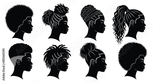 Silhouettes of Black women's head profiles showcasing diverse Afro, braids, dreadlocks, bun, and ponytail hairstyles, depicting beauty, culture, fashion, and natural hair styles.