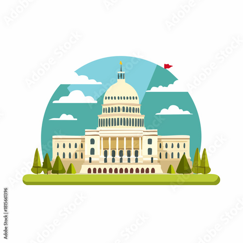 Stylized United States Capitol Building with Dome and Columns Illustration.