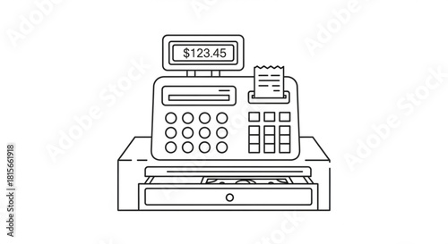 Line art of a cash register with a display showing a total, a receipt, and an open drawer with cash, isolated on white