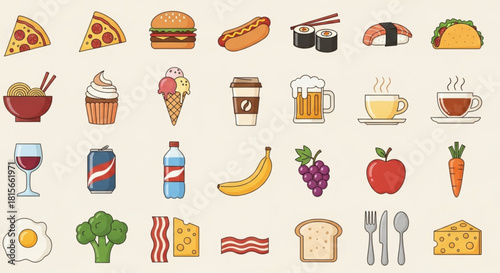 Colorful collection of diverse food and drink icons, featuring meals, snacks, fruits, vegetables, beverages, and dining items