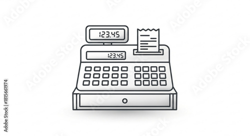 Line art illustration of a cash register with a display showing a total and a receipt, isolated on