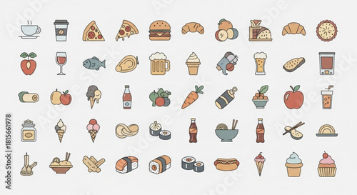 A comprehensive collection of various food and drink icons, featuring popular meals, snacks, and beverages for menus, apps, and web design