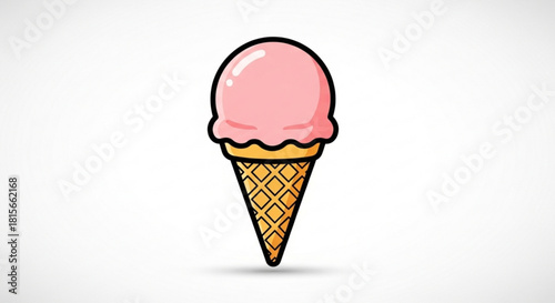 A delightful single scoop of pink strawberry ice cream in a classic waffle cone, a refreshing summer dessert isolated on