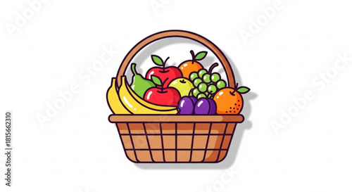 Fresh fruit basket with apples, bananas, grapes, oranges, and plums, isolated on