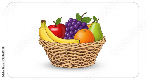 Wicker basket with fresh, colorful fruits banana, grapes, apple, orange, and pear, isolated on